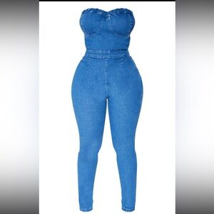 NWT PLT Shape Mid Blue Wash Cup Detail Tie Back Denim Jumpsuit
